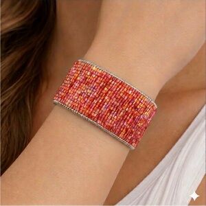 Boho Beaded Cuff Bracelet | Iridescent Pink Bronze Wide